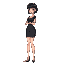 half front half side profile. 32 years old woman with short black dress , short black blunt hair and high heels. 1.70 height , fit. 