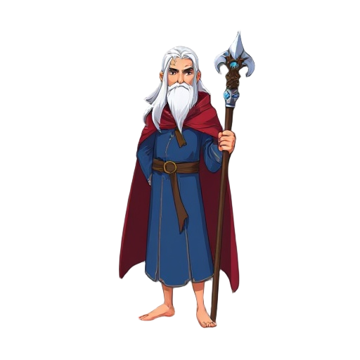 man, stading, idle, red cape, blue mage robe, long white hair, wodeen staff, no shoes, bare foot