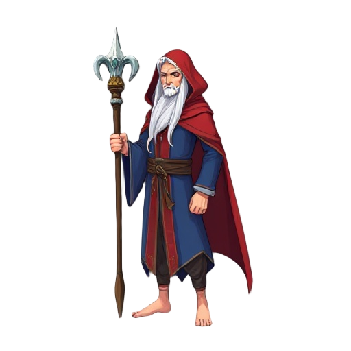 man, stading, idle, red cape, blue mage robe, long white hair, wodeen staff, no shoes, bare foot