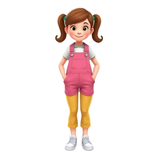 a girl scout wearing pink overalls and yellow pants. white sneakers.