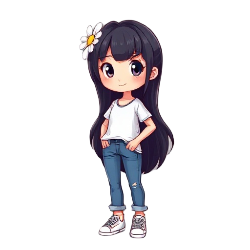 cute normal girl with dark drown hair daisy on her hair and a white clothes with blue jeans and white shows 