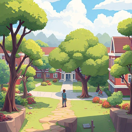 a college campus with trees and npc, platformer view