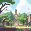 a college campus with trees and npc, platformer view