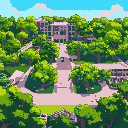 a college campus with trees and npc, platformer view