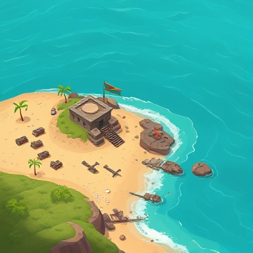 isometric ww2 beach with defenses and a bunker. d day. landscape