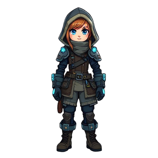 3/4 view, post-apocalyptic sci-fi theme, female named ava, rebellious train engineer, rugged winter outfit, hood, armored shoulders, glowing gauntlet, steel grey, deep blue, 