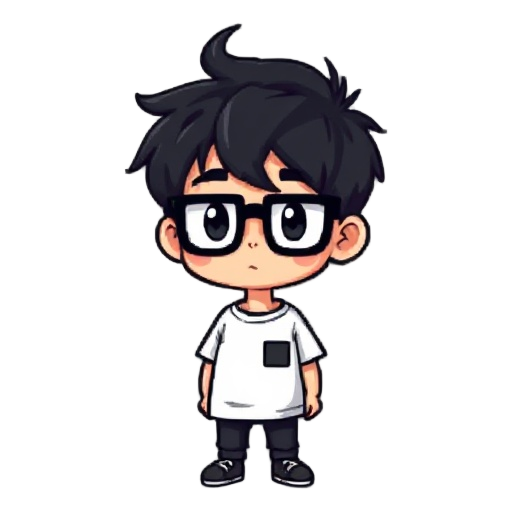 a pixel art illustration in retro 16-bit video game style, featuring a cute young boy with messy black hair, large black glasses, and light skin. he is wearing a white t-shirt with a small black pixel
