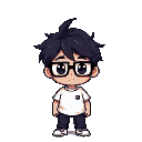 a pixel art illustration in retro 16-bit video game style, featuring a cute young boy with messy black hair, large black glasses, and light skin. he is wearing a white t-shirt with a small black pixel