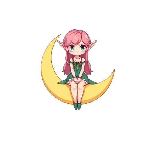 an elf girl with pink hair sitting on a small crescent moon