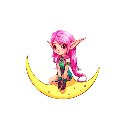 an elf girl with pink hair sitting on a small crescent moon, top down view, top down 45 degress