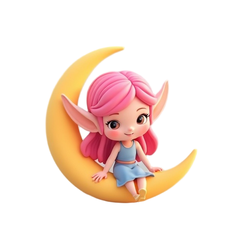 an elf girl with pink hair sitting on a small crescent moon, top down view, top down 45 degress
