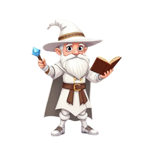 mago medieval,vestido de blanco,zapatillas blancas,sombrero puntiagudo color blanco,baston con gema en la mano derecha y un libro abierto en la mano derecha