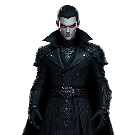 darkeden vampire character, male vampire warrior, pale skin, glowing red eyes, long black leather coat with gothic patterns, silver armor details, blood runes on hands, dark forest background, moonlight reflection on fangs, cinematic lighting, ultra-reali