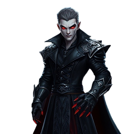 darkeden vampire character, male vampire warrior, pale skin, glowing red eyes, long black leather coat with gothic patterns, silver armor details, blood runes on hands, dark forest background, moonlight reflection on fangs, cinematic lighting, ultra-reali
