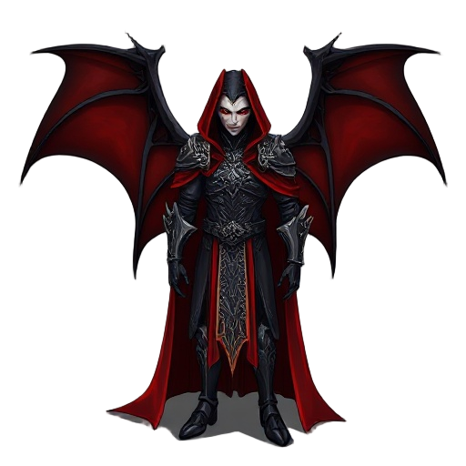 vampire lord from darkeden mmorpg, gothic dark fantasy art, elegant and terrifying, long crimson cloak, ancient armor with silver filigree, crimson aura, black raven wings made of shadows