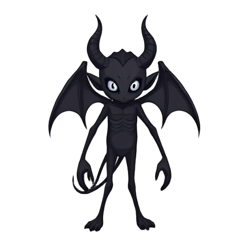 black demon with a human like figure, two eyes, no mouth, no ears, no wings, full black body. long long limbs, slender figure.