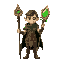 young shaman holding staff with green gem, in leather brown clothes, green cloak with leaves