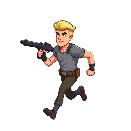 blonde strong man running with gun, side view, pixel-art, 