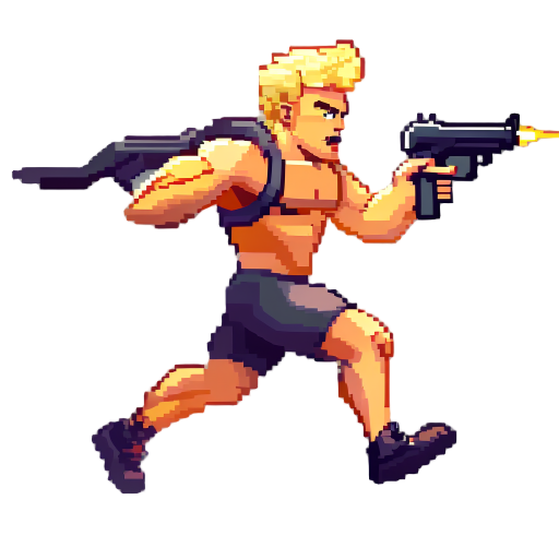 blonde strong man running with gun for run and gun game, side view, pixel-art, contra-like style, small head, gun in 2 hands