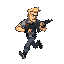blonde strong man running with gun, side view, pixel-art, contra-like style, small head, gun in 2 hands