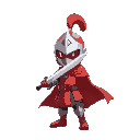 a red cute human knight, pokemon style, using a sword