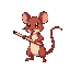 a red cute rat, pokemon style, black border, using a sword
