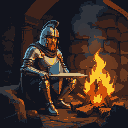 medieval knight in full plate amour sit by campfire in dungeon