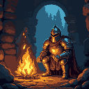 medieval knight in full plate amour sit by campfire in dungeon