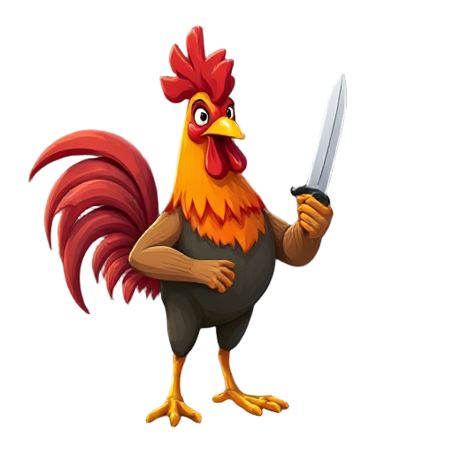 a rooster with a knife in his hand