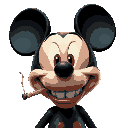 mickey mouse smoking a crackpiipe with bloodshot red eyes, extremely exaggerated mouth with gums sticking outwards with the long teeth.