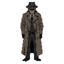 top-down of a male detective in 128-bit style, wearing trench coat and fedora, idle pose, dark muted colors, for a horror game. transparent background, clean sprite.