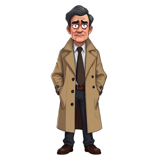 2d 64bit character concept art of a male detective in his late 40s, wearing a slightly wrinkled beige trench coat, dark trousers, and a loose tie. he has a tired, dark under-eye circles