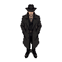 top-down of a male detective in 128-bit style, wearing trench coat and fedora, idle pose, dark muted colors, for a horror game. transparent background, clean sprite.