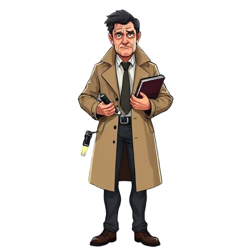 2d stylized concept art of a tired male detective in his late 40s, wearing a beige trench coat, dark pants, and a loose tie. he holds a notebook and a flashlight. horror theme. transparent background.