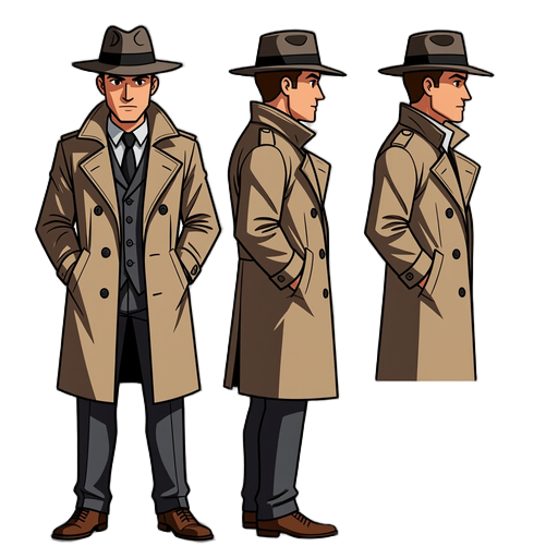 top-down of a male detective in 128-bit style, wearing trench coat and fedora, idle pose, dark muted colors, for a horror game. transparent background, clean sprite.