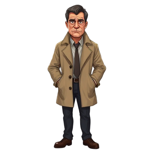 2d character concept art of a male detective in his late 40s, wearing a slightly wrinkled beige trench coat, dark trousers, and a loose tie. he has a tired, stern expression, dark under-eye circles, a