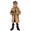 2d stylized concept art of a tired male detective in his late 40s, wearing a beige trench coat, dark pants, and a loose tie. he holds a notebook and a flashlight. horror theme. transparent background.