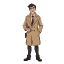 2d stylized concept art of a tired male detective in his late 40s, wearing a beige trench coat, dark pants, and a loose tie. he holds a notebook and a flashlight. horror theme. transparent background.