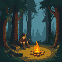  a warior resting in forest , with fire  camp