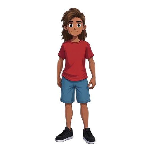 long hair skater guy, using red tshirt and blue shorts, black shoes, brown skin