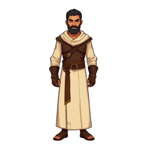 a noble north african warrior-king inspired by 8th-century morocco. he wears a long, cream-colored robe reaching below the knees, paired with a dark brown leather chest armor and matching leather glov