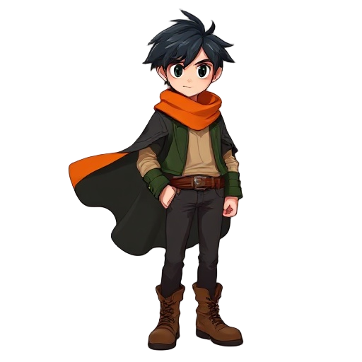 messy black hair, sharp eyes, youthful look. orange scarf pops against a flowing black cloak, layered with a green jacket and loose beige shirt. slim dark pants tuck into sturdy brown lace-up boots, completing a rugged yet lively adventurer’s style hole b