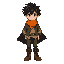 messy black hair, sharp eyes, youthful look. orange scarf pops against a flowing black cloak, layered with a green jacket and loose beige shirt. slim dark pants tuck into sturdy brown lace-up boots, completing a rugged yet lively adventurer’s style hole b