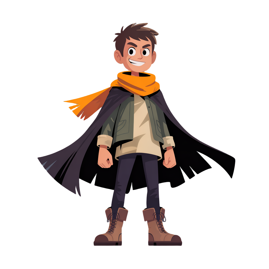 messy black hair, sharp eyes, youthful look. orange scarf pops against a flowing black cloak, layered with a green jacket and loose beige shirt. slim dark pants tuck into sturdy brown lace-up boots, completing a rugged yet lively adventurer’s style hole b