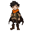 messy black hair, sharp eyes, wide grin and light skin give him a cheeky, youthful look. orange scarf pops against a flowing black cloak, layered with a green jacket and loose beige shirt. slim dark pants tuck into sturdy brown lace-up boots, completing a