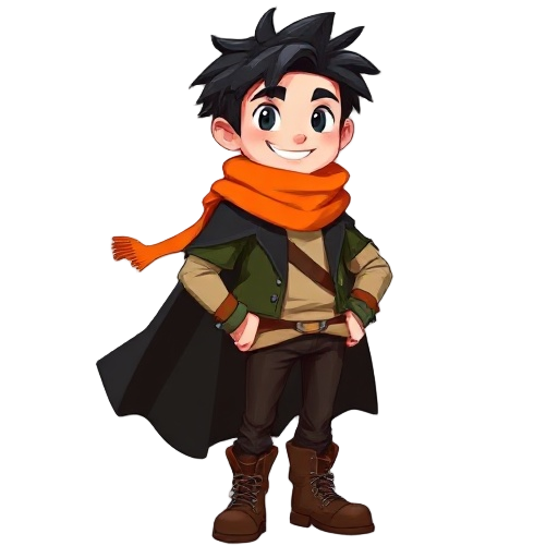 messy black hair, sharp eyes, wide grin and light skin give him a cheeky, youthful look. orange scarf pops against a flowing black cloak, layered with a green jacket and loose beige shirt. slim dark pants tuck into sturdy brown lace-up boots, completing a