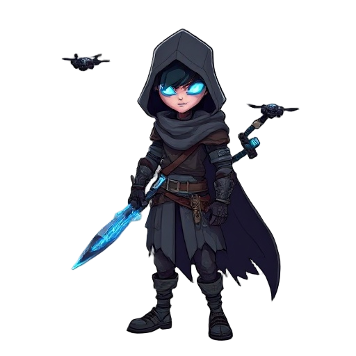  mysterious wanderer in a dystopian wasteland, with glowing cybernetic eyes, wearing a tattered cloak and armored gloves, carrying an ancient blade fused with neon circuits, and a small hovering drone