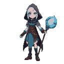 female mage, medium height, white hair, small glowing blue eyes. wears a hooded cloak, light shoulder armor, short ocean-blue dress. holds a staff with a glowing blue crab claw head with strong enegy.