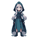 a medium-height female mage with long white hair and glowing blue eyes. she wears a long hooded cloak with light shoulder armor. underneath, she has a short dress-like robe with intricate ocean-blue