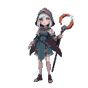 female mage, medium height, white hair, glowing blue eyes. wears a hooded cloak, light shoulder armor, short ocean-blue dress. holds a staff with a glowing crab claw head